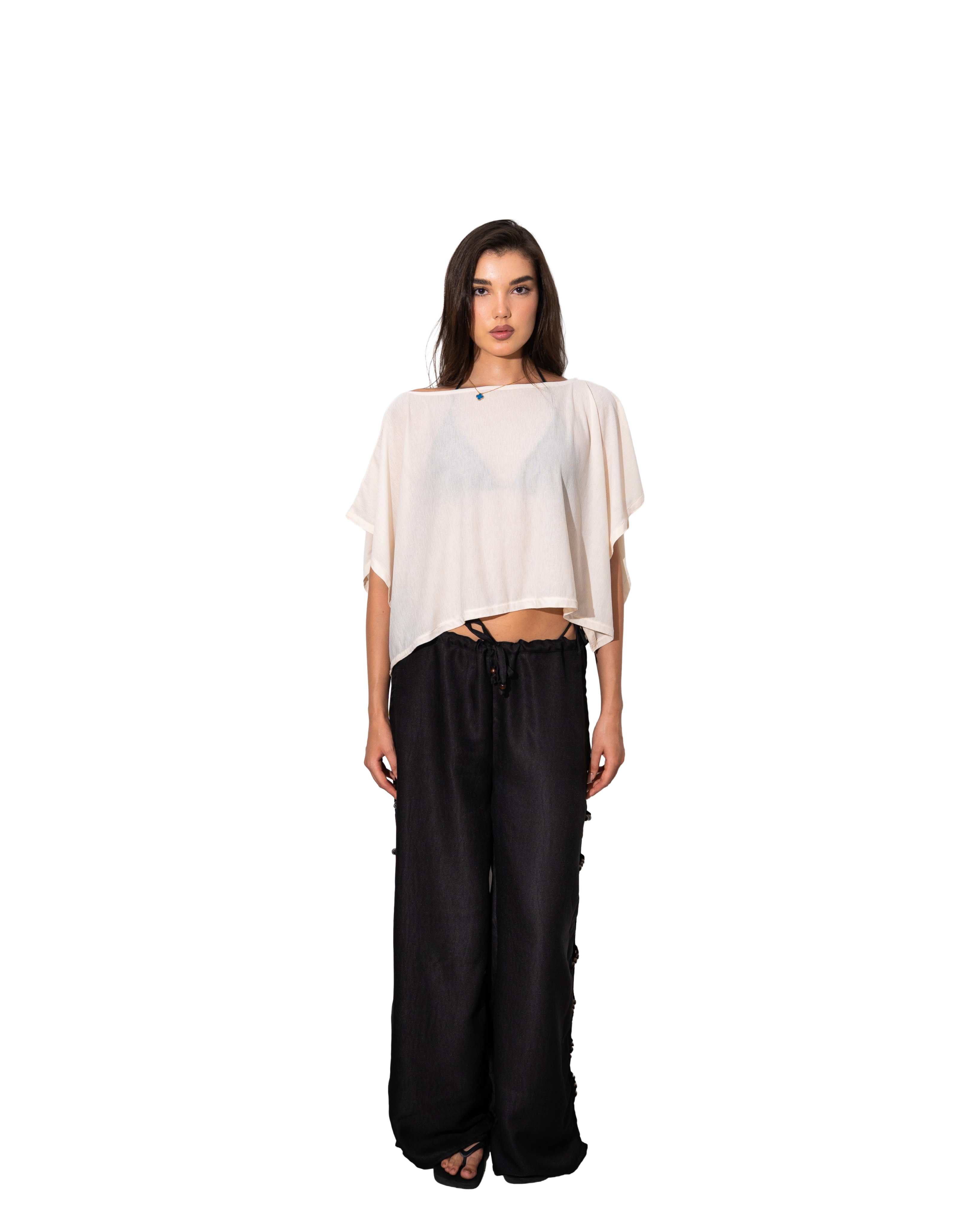 Beaded Linen Black Pants