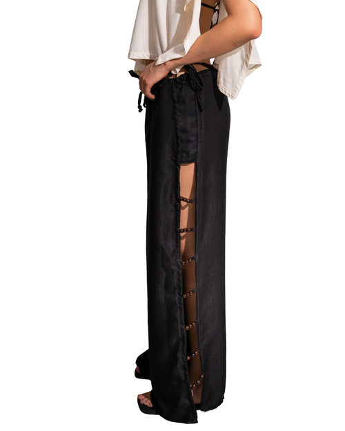 Beaded Linen Black Pants
