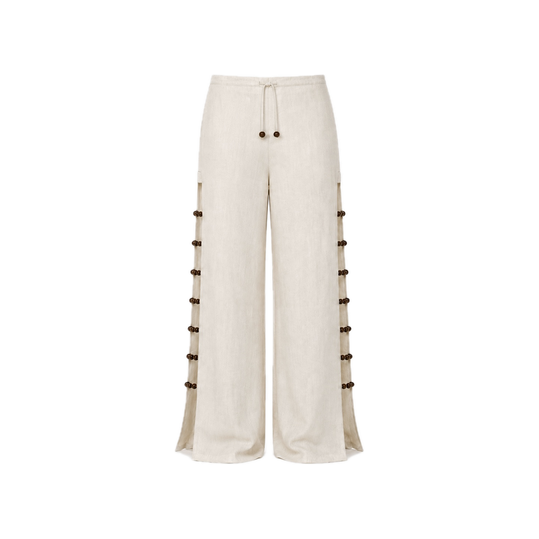 Beaded Linen Off-White Pants