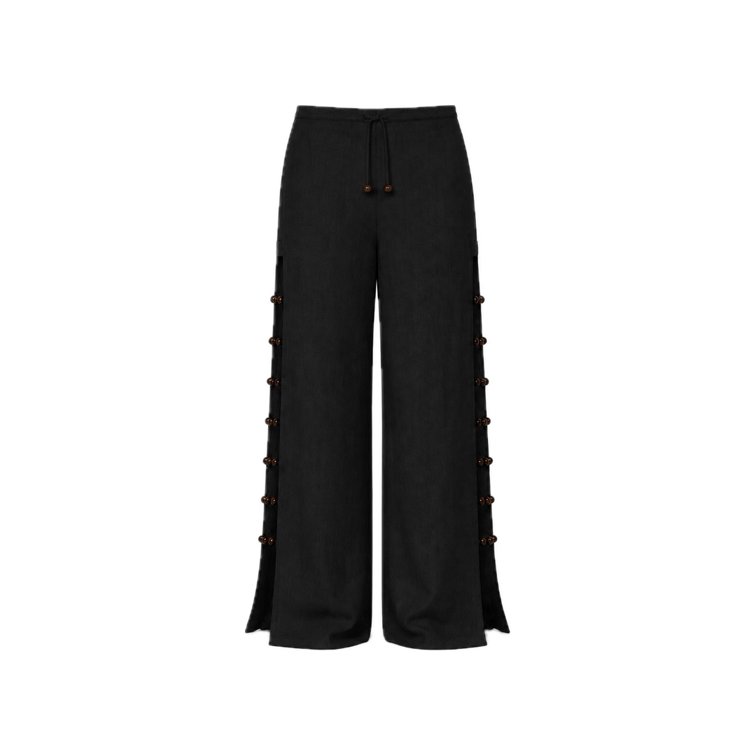 Beaded Linen Black Pants